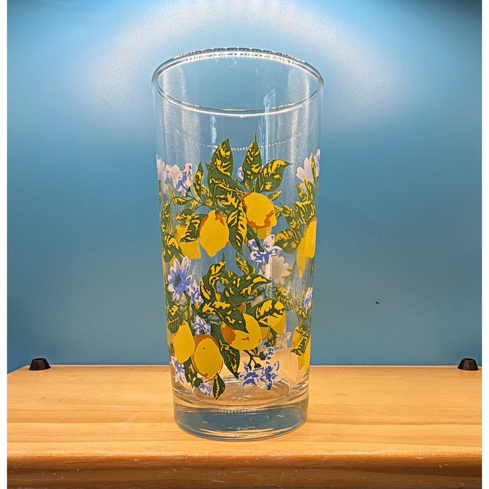 Vintage Libby Drinking Tumbler beautiful Lemon & Blue Floral Decorated Pattern